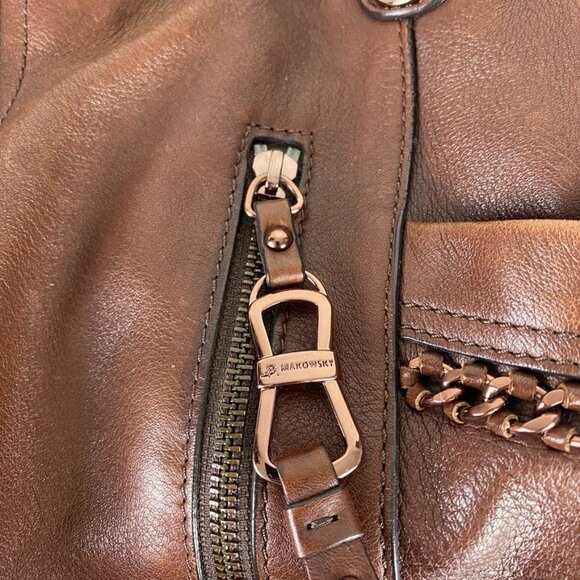 B. Makowsky Leather Rose Gold Purse Satchel Brown Chain Detail Alice Nappa - Picture 3 of 8